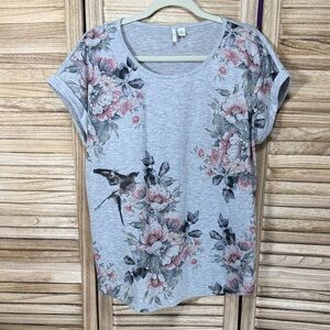 Cato Floral Gray Pink Green Cream Cap Sleeve Women's Top Size L